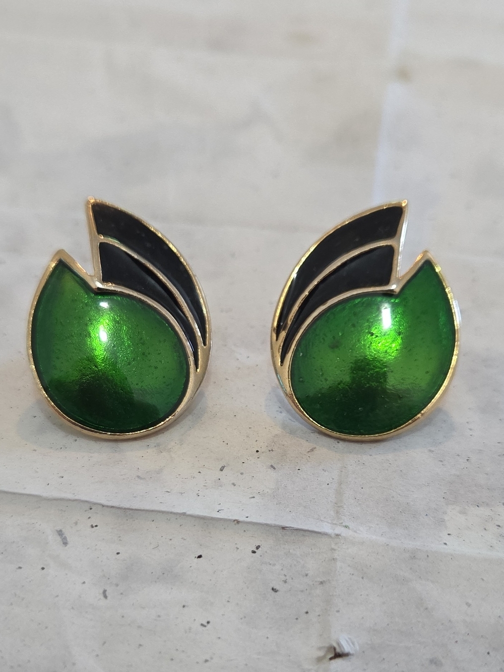 Vintage Green and Black Enamel Gold Tone Statement Earrings